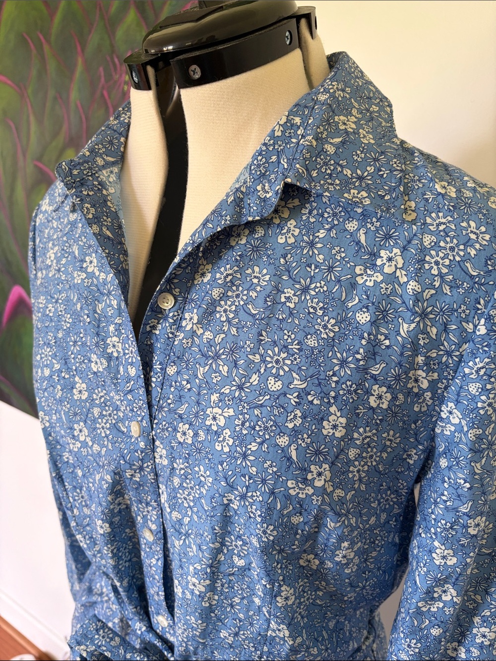 Blue Floral Midi Shirt Dress with Tie Waist - Picture 2 of 8
